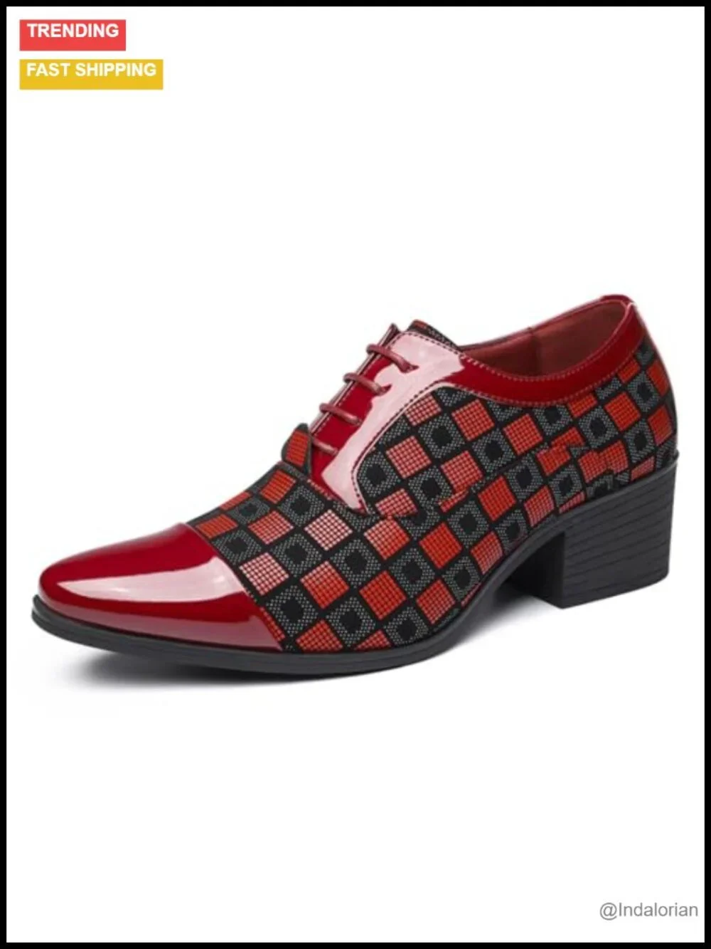 Men's Patterned Patent Leather Chunky Heel Lace-Up Oxford Dress Shoes